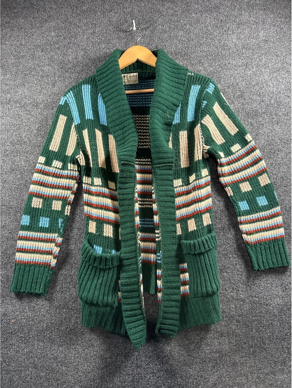 Vintage Empire Knitwear Cardigan Sweater Green Geometric Striped Acrylic